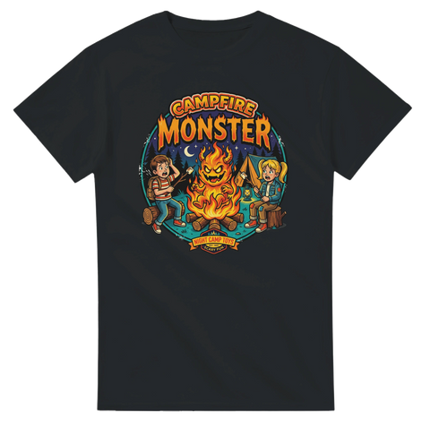 Retro illustration av en levande eldslåga och skrämda campare på svart t-shirt