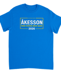 Politiskt motiv med texten Åkesson 2026 i gul ram på klarblå t-shirt