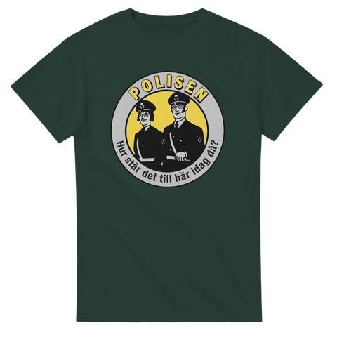 Vintage grafiskt tryck med polistema och roligt citat på mörkgrön t-shirt