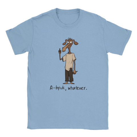 Ljusblå t-shirt med en skev cartoon-figur och sarkastiskt citat