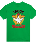 Grafiskt humortryck med texten Tacos Madafakas på en klargrön t-shirt