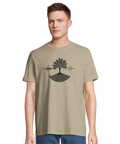 Stiliserat träd med ljudvågor och rötter på beige ekologisk t-shirt för herr.