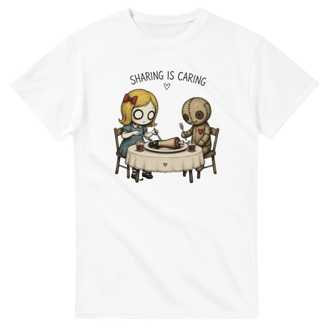Creepy cute illustration av flicka och voodoodocka som äter middag – grafisk t-shirt