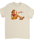 Vintage pinup-illustration med rullskridskor och milkshake på beige t-shirt