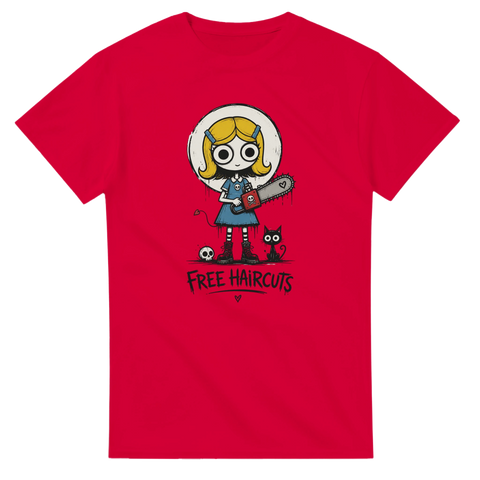 Mörk humoristisk design med texten Free Haircuts – röd t-shirt