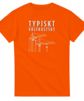 Västkustskt tryck med två byggkranar och text på orange t-shirt.