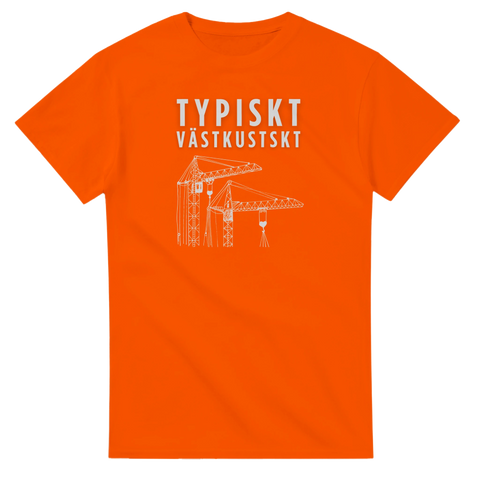 Västkustskt tryck med två byggkranar och text på orange t-shirt.