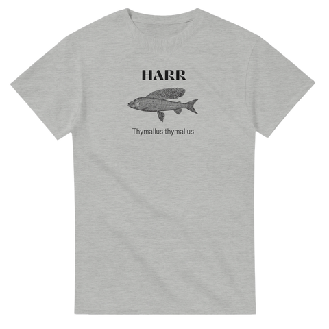 Gråmelerad t-shirt med minimalistisk fiskillustration och text