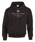 Vit krona och text ”For Helvede Copenhagen” på mörkbrun hoodie.