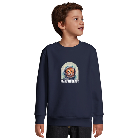 Mjaustronaut-katt i rymdhjälm på marinblå sweatshirt för barn.
