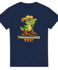 Mörkblå t-shirt med grafiskt tryck av en T-Rex som cowboy