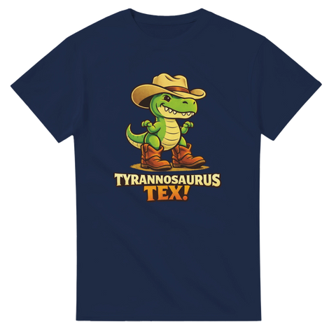 Mörkblå t-shirt med grafiskt tryck av en T-Rex som cowboy