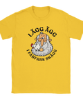 Gul t-shirt med farfar, en höna och texten ”Lägg ägg i farfars skägg”.