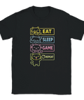 Lekfull t-shirt med neonfärgade katter som illustrerar en gaming-livsstil