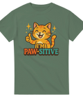 Grön t-shirt med samma motiv: glad katt med tummen upp och texten "I'm Paw-sitive".