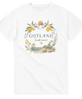 Akvarellmålat motiv av Gotland med raukar och citroner – vit t-shirt