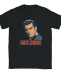 Svart t-shirt med provokativ retro-illustration av en gentleman och texten Hate Crime