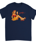 Snygg pinup-design med körsbärsdetaljer på mörkblå t-shirt