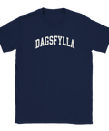 Mörkblå t-shirt med provokativ textdesign i vit bågformad retrostil