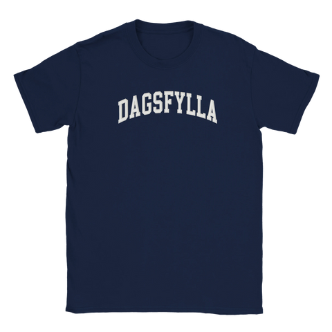 Mörkblå t-shirt med provokativ textdesign i vit bågformad retrostil