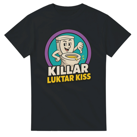 Kaxig t-shirt med citat om killar och en tecknad toalettkaraktär i pop-art stil