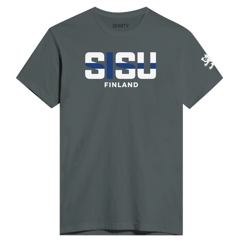 Sisu Finland-tryck med finska flaggan i bokstäverna på en mörkgrå premium t-shirt.