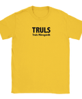 TRULS Truls Möregårdh" text i svart på solgul t-shirt, sportig design.