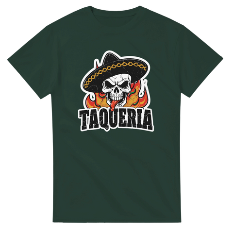 Mörkgrön t-shirt med kaxigt Taqueria-motiv och grafisk illustration