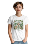Handritat motiv med texten Welcome to the jungle och gröna växter på t-shirt