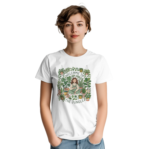 Handritat motiv med texten Welcome to the jungle och gröna växter på t-shirt