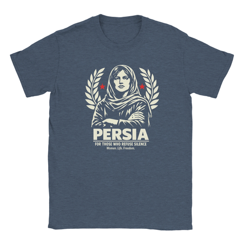Persia-tryck med kvinna i hijab, lagerblad, röda stjärnor och text på mörkblå t-shirt.