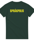 Stilren gul text Språkpolis på en mörkgrön t-shirt för språkpoliser