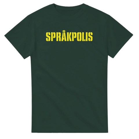 Stilren gul text Språkpolis på en mörkgrön t-shirt för språkpoliser