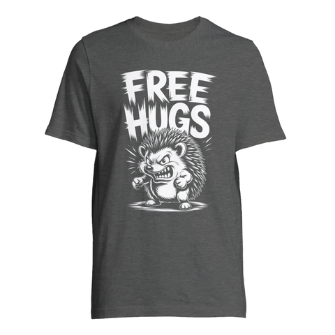 Free Hugs" text med arg igelkott, svartvit, på mörkgrå t-shirt.