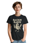 Svart t-shirt med rockande rödhake och texten "Rockin' Robin"