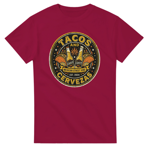 Grafisk illustration med öl och tacos på en vinröd t-shirt