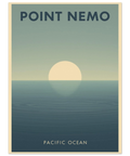 Retro travel poster för Point Nemo med en blekt sol över ett lugnt mörkblått hav och texten Pacific Ocean.