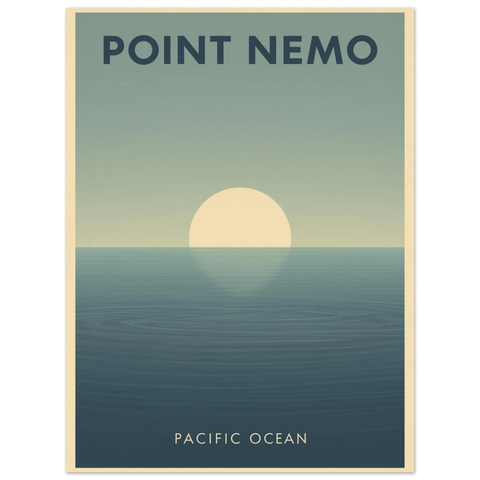 Retro travel poster för Point Nemo med en blekt sol över ett lugnt mörkblått hav och texten Pacific Ocean.