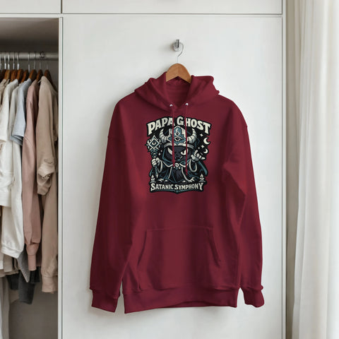 Papa Ghost Satanic Symphony-tryck på vinröd hoodie.