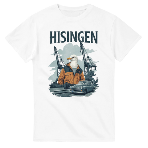 Grafisk illustration av en mås i arbetsjacka framför hamnkranar – Hisingen t-shirt