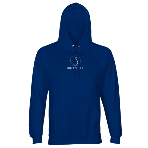 Vitt Skitfiske-hook motiv på klarblå premium hoodie.