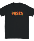 Lekfull illustration av ordet pasta format av spaghetti på svart t-shirt