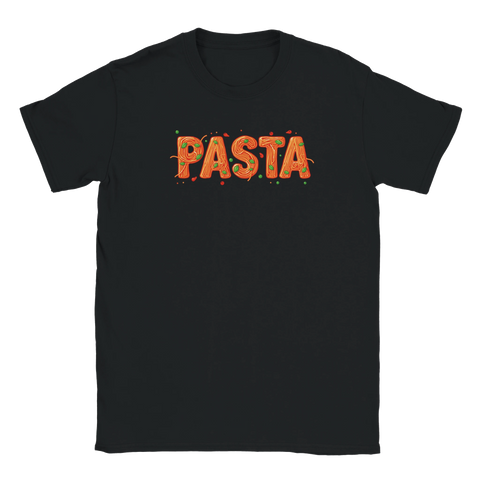 Lekfull illustration av ordet pasta format av spaghetti på svart t-shirt
