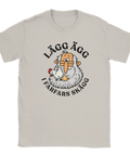 Beige t-shirt med farfar, en höna och texten ”Lägg ägg i farfars skägg”.