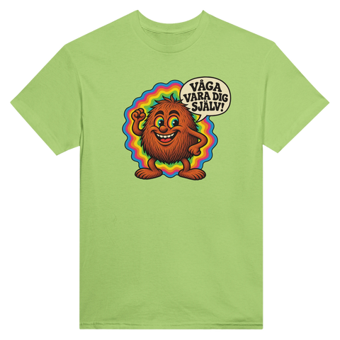 Ljusgrön t-shirt med en glad kokosnöt med färgglad bakgrund och texten Våga vara dig själv.