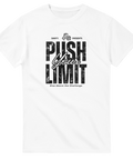 Vit t-shirt med Push Your Limit text och hantelmotiv – träningskläder