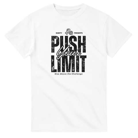 Vit t-shirt med Push Your Limit text och hantelmotiv – träningskläder