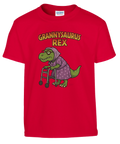 Grannysaurus Rex-tryck med T-Rex i klänning och rullator på röd barn-t-shirt.