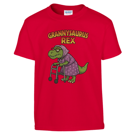 Grannysaurus Rex-tryck med T-Rex i klänning och rullator på röd barn-t-shirt.