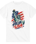 Vit t-shirt med Frihetsgudinnan, USA:s flagga och texten Heja USA